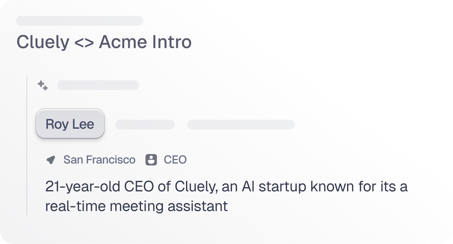 Cluely pre-call research feature showing participant information